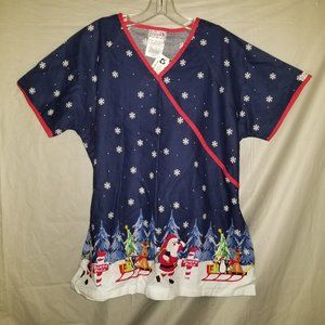 UA Scrubs Womens L Holiday Christmas Santa Blue Scrub Top Tie Back V-Neck 116892